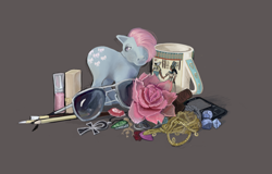 Size: 1438x918 | Tagged: safe, artist:penrosa, bow tie (g1), earth pony, pony, g1, ankh, dice, flower, gray background, jewelry, mug, pencil, phone, simple background, sunglasses, toy