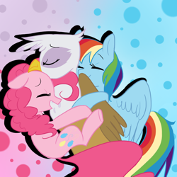 Size: 1024x1024 | Tagged: safe, artist:waackery, gilda, pinkie pie, rainbow dash, earth pony, griffon, pegasus, pony, g4, the lost treasure of griffonstone, abstract background, eyelashes, eyes closed, female, friendship, hug, mare, smiling, wings