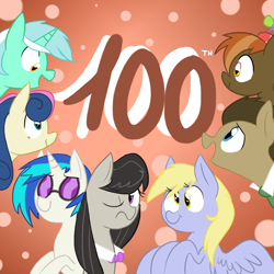 Size: 1024x1024 | Tagged: safe, artist:waackery, bon bon, button mash, derpy hooves, dj pon-3, doctor whooves, lyra heartstrings, octavia melody, sweetie drops, time turner, vinyl scratch, earth pony, pegasus, pony, g4, 100, abstract background, female, hat, horn, male, mare, milestone, one eye closed, propeller hat, smiling, stallion, sunglasses, wings, wink
