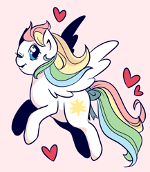 Size: 632x729 | Tagged: safe, artist:waackery, oc, oc only, pegasus, pony, female, heart, mare, multicolored hair, one eye closed, pink background, rainbow hair, simple background, solo, wings, wink