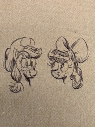 Size: 1512x2016 | Tagged: safe, artist:mellodillo, apple bloom, applejack, earth pony, pony, g4, apple sisters, bust, duo, female, filly, mare, napkin, siblings, sisters, sketch, traditional art