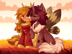Size: 4444x3333 | Tagged: safe, artist:airiniblock, oc, oc only, oc:flechette, oc:pumpkin spice, bat pony, changeling, moth, mothling, original species, pony, rcf community, blushing, cheek kiss, chest fluff, clothes, cloud, curved horn, duo, ear fluff, eye clipping through hair, eyebrows, eyebrows visible through hair, eyes closed, female, glasses, grass, horn, kissing, lesbian, mare, oc x oc, outdoors, raised hoof, red changeling, shipping, sitting, sky, spread wings, sweater, wings