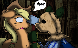 Size: 1440x900 | Tagged: safe, artist:tranzmuteproductions, applejack, earth pony, pony, g4, crossover, duo, eyelashes, female, friday the 13th, hat, mare, mask, ponified, scared, wide eyes