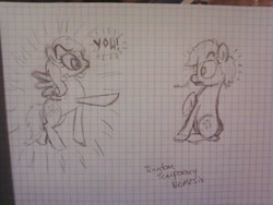 Size: 1280x960 | Tagged: safe, artist:zombietator, oc, oc only, oc:claire, earth pony, pegasus, pony, duo, earth pony oc, female, graph paper, lineart, mare, pegasus oc, raised hoof, surprised, traditional art, wide eyes, wings