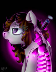 Size: 843x1087 | Tagged: safe, artist:milledpurple, oc, oc only, pegasus, pony, bone, bust, colored wings, drugged, female, injection, mare, pegasus oc, signature, skeleton, solo, syringe, two toned wings, wings