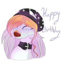Size: 752x879 | Tagged: safe, artist:aonairfaol, oc, oc only, pegasus, pony, beanie, bust, collar, crying, female, happy birthday, hat, mare, pegasus oc, simple background, solo, transparent background, wings
