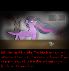 Size: 446x461 | Tagged: safe, artist:aonairfaol, twilight sparkle, alicorn, pony, g4, the last problem, axe, billy the puppet, crossover, crying, crylight sparkle, doll, female, horn, indoors, jigsaw, mare, older, older twilight, older twilight sparkle (alicorn), princess twilight 2.0, saw (movie), toy, twilight sparkle (alicorn), weapon, wings