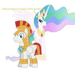 Size: 2900x2900 | Tagged: safe, artist:mihaaaa, artist:ngthanhphong, princess celestia, oc, oc:cuddlelamb, alicorn, pegasus, pony, g4, armor, duo, female, high res, male, mare, pegasus oc, royal guard, show accurate, simple background, stallion, subtitles, surprised, transparent background