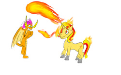 Size: 1024x631 | Tagged: safe, artist:horsesplease, smolder, sunset shimmer, dragon, elemental, elemental pony, fire pony, original species, pony, unicorn, g4, doodle, excited, fiery shimmer, fire, fire breath, happy, mane of fire, sunset shimmer day