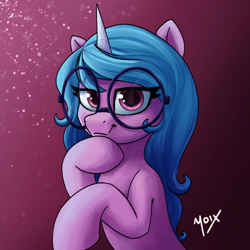 Size: 1698x1699 | Tagged: safe, artist:supermoix, izzy moonbow, pony, unicorn, g5, my little pony: a new generation, cute, female, glasses, izzy's crafting glasses, looking at you, mare, simple background, solo