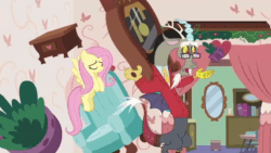 Size: 1920x1080 | Tagged: safe, screencap, discord, fluttershy, draconequus, pegasus, pony, discordant harmony, g4, season 7, animated, bookshelf, clock, clothes, discord's house, duo, female, flapping wings, flying, ginseng teabags, heart, male, mare, mirror, mister rogers, singing, sound, sweater, table, teabag, video, webm, wings