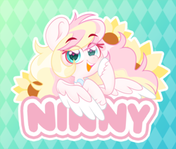 Size: 2926x2480 | Tagged: safe, artist:ninnydraws, oc, oc only, oc:ninny, pegasus, pony, badge, blushing, bowtie, bust, eyebrows, female, heart, heart eyes, heterochromia, high res, looking at you, mare, solo, wingding eyes