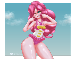 Size: 1500x1197 | Tagged: safe, artist:inkypuso, pinkie pie, equestria girls, g4, :p, alternate hairstyle, clothes, female, one eye closed, one-piece swimsuit, solo, swimming pool, swimsuit, tongue out, wide hips, wink