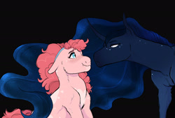 Size: 1920x1295 | Tagged: safe, artist:glorymoon, pinkie pie, princess luna, pony, g4, black background, simple background