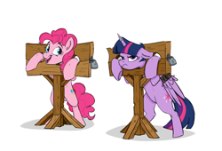 Size: 3300x2250 | Tagged: safe, artist:rutkotka, pinkie pie, twilight sparkle, alicorn, earth pony, pony, bipedal, bondage, bound wings, commission, duo, duo female, female, floppy ears, frown, high res, horn, horn ring, lock, magic suppression, mare, open mouth, open smile, padlock, ring, simple background, sketch, smiling, stocks, twilight sparkle (alicorn), twilight sparkle is not amused, unamused, varying degrees of want, white background, wings