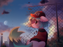 Size: 4000x3000 | Tagged: safe, artist:dedfriend, oc, oc only, bird, crow, earth pony, pony, blushing, brown eyes, cap, city, clothes, cloud, eyebrows, fence, hat, high res, hoodie, looking at you, looking back, looking back at you, moon, rear view, signature, solo, tree, vkontakte