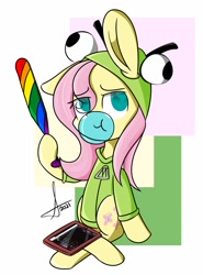 Size: 1013x1366 | Tagged: safe, artist:lavdraws, fluttershy, pegasus, pony, antonymph, cutiemarks (and the things that bind us), vylet pony, g4, baseball bat, bubblegum, clothes, fluttgirshy, food, gir, gum, hoodie, invader zim, solo, tablet