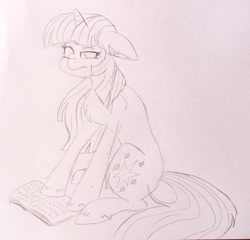 Size: 2048x1965 | Tagged: safe, artist:nightydream99, twilight sparkle, earth pony, pony, unicorn, g4, book, chest fluff, ear fluff, floppy ears, pencil drawing, solo, traditional art, unicorn twilight