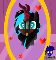 Size: 3840x4154 | Tagged: safe, alternate version, artist:damlanil, oc, oc only, oc:nightlight aura, kirin, pony, adorasexy, blushing, carousel boutique, commission, cute, floating heart, happy, heart, heart eyes, horn, kirin-ified, looking at you, mirror, open mouth, race swap, sexy, simple background, smiling, solo, species swap, tongue out, vector, wingding eyes