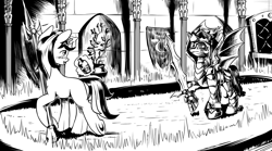 Size: 4256x2364 | Tagged: safe, artist:lexx2dot0, oc, oc only, oc:blackjack, oc:hades, bat pony, pony, unicorn, fallout equestria, fallout equestria: project horizons, series:ph together we reread, alcohol, armor, black and white, clone, fanfic art, grayscale, horn, monochrome, small horn, sword, weapon