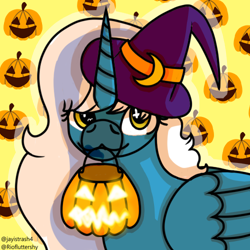 Size: 500x500 | Tagged: safe, artist:jayistrash4, oc, oc:fleurbelle, alicorn, pony, alicorn oc, female, halloween, hat, holiday, horn, mare, pumpkin, solo, wingding eyes, wings, witch, witch hat, yellow eyes