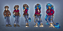 Size: 1200x588 | Tagged: safe, artist:akuoreo, oc, oc only, oc:raspberry jam, classical unicorn, kirin, unicorn, anthro, unguligrade anthro, clothes, cloven hooves, female, horn, human to anthro, human to kirin, kirin-ified, leonine tail, male to female, one eye closed, pants, plaid shirt, ripped pants, rule 63, shirt, species swap, torn clothes, transformation, transformation sequence, transgender transformation, unshorn fetlocks