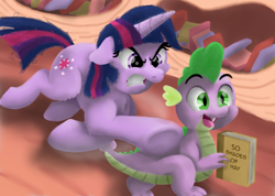 Size: 3129x2222 | Tagged: safe, artist:doodledonutart, spike, twilight sparkle, dragon, pony, unicorn, g4, angry, book, bookshelf, diary, female, fluffy, funny, golden oaks library, gritted teeth, high res, jumping, library, male, mare, messy mane, open mouth, running, teeth, this will end in pain, unicorn twilight