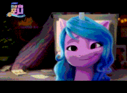 Size: 427x315 | Tagged: safe, artist:mojing, edit, edited screencap, screencap, izzy moonbow, pony, unicorn, g5, spoiler:g5, animated, cute, eyebrows, female, gif, glasses, hoof hold, horn, izzy's crafting glasses, mare, reversed, smiling, solo, unshorn fetlocks