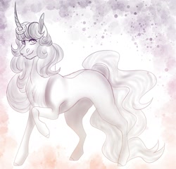 Size: 1772x1704 | Tagged: safe, artist:inisealga, oc, oc only, oc:donut daydream, pony, unicorn, abstract background, commission, curved horn, donut, female, food, gradient background, horn, mare, sketch, solo, unicorn oc