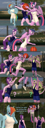 Size: 1920x5400 | Tagged: safe, artist:papadragon69, rainbow dash, spike, starlight glimmer, twilight sparkle, alicorn, dragon, pegasus, unicorn, anthro, g4, 3d, basketball, basketball hoop, butt, comic, facepalm, fail, gritted teeth, jumping, old master q, older, older spike, parody, question mark, reference, source filmmaker, sports, stuck, twibutt, twilight sparkle (alicorn), wide eyes, winged spike, wings