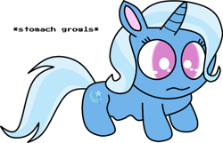 Size: 1280x822 | Tagged: safe, artist:mega-poneo, trixie, pony, unicorn, g4, descriptive noise, female, frown, horn, hungry, no pupils, onomatopoeia, pink eyes, simple background, solo, standing, stomach growl, stomach noise, transparent background, two toned mane