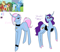 Size: 1149x1005 | Tagged: safe, artist:noqualitycontent, flim, trixie, oc, oc only, pony, unicorn, g4, choker, curved horn, ear piercing, earring, grin, horn, jewelry, offspring, parent:flim, parent:trixie, parents:flixie, piercing, simple background, smiling, white background