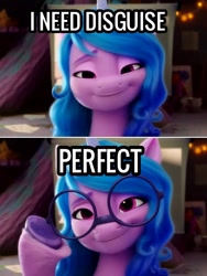 Size: 1268x1684 | Tagged: safe, edit, edited screencap, screencap, izzy moonbow, pony, unicorn, g5, my little pony: a new generation, 3d, caption, disguise, eyebrows, female, glasses, hoof hold, horn, mare, meme, paper-thin disguise, smiling, solo, text, unshorn fetlocks