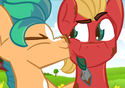 Size: 1280x894 | Tagged: safe, artist:tangerineblast, hitch trailblazer, sprout cloverleaf, earth pony, pony, g5, blaze (coat marking), cheek kiss, coat markings, dirt, dirty, eyes closed, facial markings, gay, hitchsprout, kissing, male, outdoors, shipping, shovel, socks (coat markings), stallion