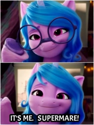 Size: 1500x1999 | Tagged: safe, edit, edited screencap, screencap, izzy moonbow, pony, unicorn, g5, my little pony: a new generation, 3d, caption, clark kent, eyebrows, female, glasses, hoof hold, horn, male, mare, smiling, solo, superman, supermare, text, unshorn fetlocks