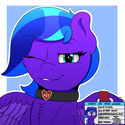 Size: 2000x2000 | Tagged: safe, artist:h3nger, oc, oc only, oc:flugel, pegasus, pony, collar, female, high res, horny on main, mare, one eye closed, solo, wink