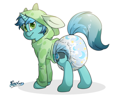Size: 3186x2560 | Tagged: safe, artist:fluffyxai, oc, oc:minty breeze, pony, unicorn, bashful, blushing, clothes, diaper, high res, hoodie, male, non-baby in diaper, poofy diaper, smiling