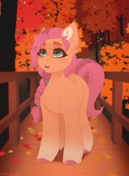 Size: 1100x1500 | Tagged: safe, artist:villjulie, sunny starscout, earth pony, pony, g5, bridge, female, leaves, mare, solo, tree