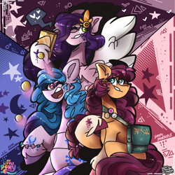 Size: 3300x3300 | Tagged: safe, artist:its_sunsetdraws, izzy moonbow, pipp petals, sunny starscout, earth pony, pegasus, pony, unicorn, g5, my little pony: a new generation, backpack, ball, cheek fluff, cutie mark, digital art, fanart, group shot, high res, izzy's tennis ball, looking at you, phone, princess, smiling, smiling at you, tennis ball
