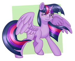 Size: 2000x1616 | Tagged: safe, artist:mirrorcrescent, twilight sparkle, alicorn, pony, g4, abstract background, female, horn, mare, palindrome get, purple eyes, solo, spread wings, standing, tail, twilight sparkle (alicorn), wings