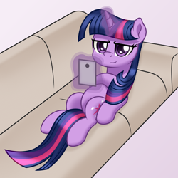 Size: 2000x2000 | Tagged: safe, artist:mirrorcrescent, twilight sparkle, ambiguous race, pony, unicorn, g4, atg 2020, cellphone, couch, female, glowing, glowing horn, high res, hoof on belly, horn, magic, magic aura, newbie artist training grounds, phone, smartphone, solo, telekinesis, unicorn twilight