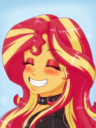 Size: 1500x2000 | Tagged: safe, artist:albertbm, sunset shimmer, human, equestria girls, g4, blushing, choker, cute, eyes closed, female, grin, shimmerbetes, smiling, solo