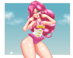 Size: 1500x1197 | Tagged: safe, alternate version, artist:inkypuso, pinkie pie, equestria girls, g4, :p, alternate hairstyle, clothes, female, human coloration, one eye closed, one-piece swimsuit, solo, swimming pool, swimsuit, tongue out, wide hips, wink