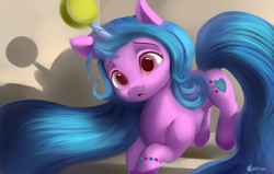 Size: 4400x2800 | Tagged: safe, artist:auroriia, izzy moonbow, pony, unicorn, g5, ball, female, horn, hornball, izzy's tennis ball, solo, tennis ball