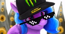 Size: 2048x1067 | Tagged: safe, artist:phutashi, izzy moonbow, pony, unicorn, g5, my little pony: a new generation, spoiler:my little pony: a new generation, adjusting glasses, blurry background, bust, cap, deal with it, female, glasses, hat, looking at you, mare, mlg, monster energy, monster energy hat, open mouth, open smile, raised hoof, scene interpretation, smiling, solo, speaker, sunglasses, swag glasses, unshorn fetlocks