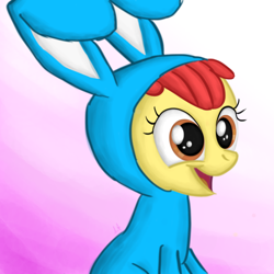 Size: 900x900 | Tagged: safe, artist:dmtb, apple bloom, earth pony, pony, family appreciation day, g4, animal costume, bunny bloom, bunny costume, clothes, costume, female, filly, open mouth, open smile, scene interpretation, smiling, solo