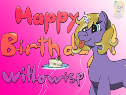 Size: 1600x1200 | Tagged: safe, artist:gray star, derpibooru exclusive, oc, oc:willowisp, pony, unicorn, :p, balloon, birthday, cake, fangs, food, tongue out