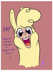 Size: 1304x1787 | Tagged: safe, artist:duragan, derpibooru exclusive, paprika (tfh), alpaca, them's fightin' herds, brown background, bust, community related, cute, fluffy, incoming hug, paprika can talk, paprikadorable, question, simple background, smiling, solo, talking to viewer