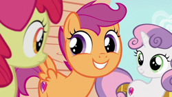 Size: 1280x720 | Tagged: safe, screencap, apple bloom, scootaloo, sweetie belle, earth pony, pegasus, pony, unicorn, g4, season 6, the fault in our cutie marks, cropped, cute, cutealoo, cutie mark crusaders, smiling, trio
