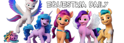 Size: 1000x350 | Tagged: safe, hitch trailblazer, izzy moonbow, pipp petals, sunny starscout, zipp storm, earth pony, pegasus, pony, unicorn, equestria daily, g5, my little pony: a new generation, banner, female, looking at you, male, mane five, my little pony: a new generation logo, simple background, transparent background